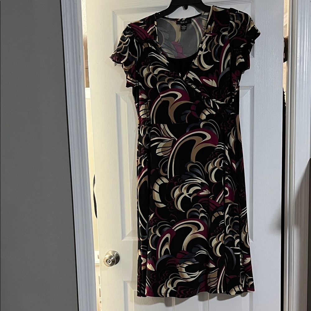 Style & Co. Black Midi Dress with Cream and Plum Swirl Print